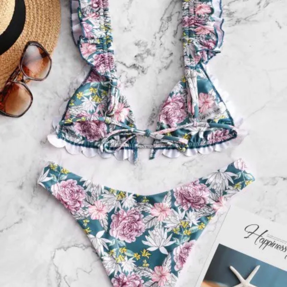 NEW Flower Ruffle High Waisted Bikini Swimsuit | Floral Ruffle Bikini - Picture 2 of 7